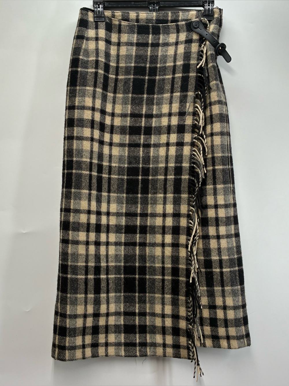 Vintage Eddie Bauer 8 Wool Plaid Midi Wrap Skirt Black Fringe Cowgirl Western